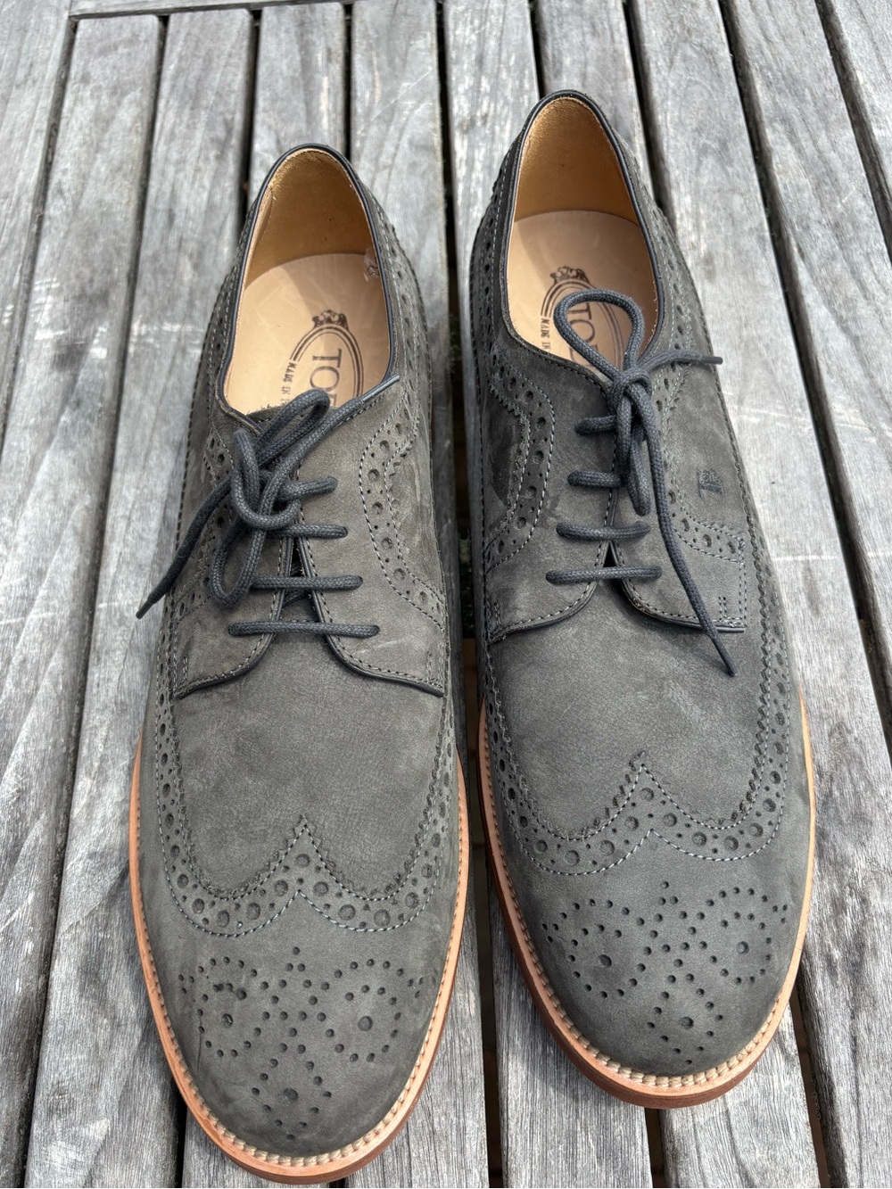 Tod’s Derby Bucature Wing Tip Lace Up Suede Oxfords Sage Green Size 11 - Picture 7 of 16
